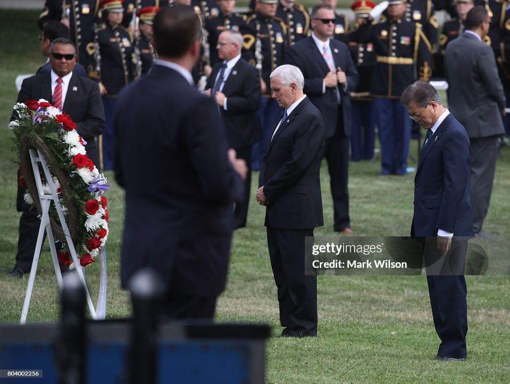 South Korean President Moon And VP Pence Lay Wreath At Korean War Veterans Memorial