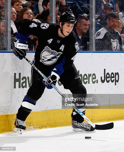 Vincent Lecavalier of the Tampa Bay Lightning controls the puck behind the net against the Florida Panthers at St. Pete Times Forum on March 25, 2008...