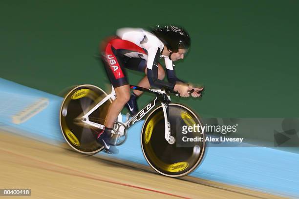 Sarah Hammer of USA in action on her way to the Silver Medal in the Women's Individual Pursuit Gold Medal Final, during the UCI Track Cycling World...