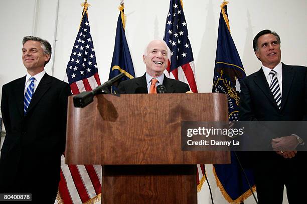 Republican presidential candidate Sen. John McCain , accompanied by Utah Gov. Jon Huntsman and former Republican presidential hopeful and former...