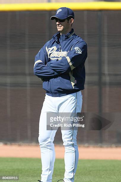 Mark Prior of the San Diego Padres prior to the game between the San Diego Padres and the Colorado Rockies at the Peoria Sports Complex in Peoria,...