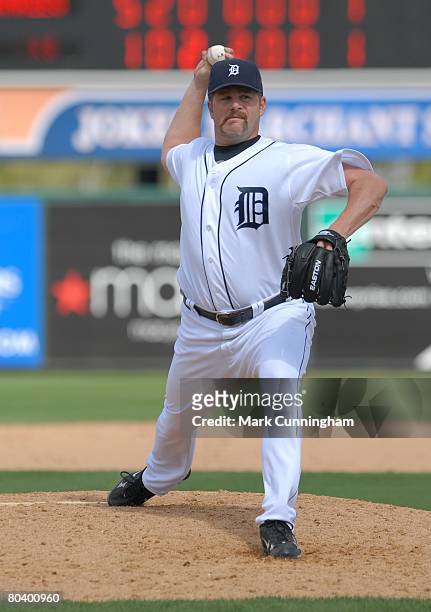 Todd Jones of the Detroit Tigers pitches during the spring training game against the New York Yankees at Joker Marchant Stadium in Lakeland, Florida...