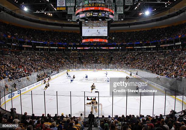 Wide view of the arena as the Boston Bruins play the Toronto Maple Leafs at the TD Banknorth Garden on March 27, 2008 in Boston, Massachusetts.