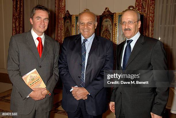 Rowan Somerville and Sir Magdi Yacoub with the Egyptian ambassador Gehad Mardi attend the launch of Somerville's latest book "The End of Sleep" at...