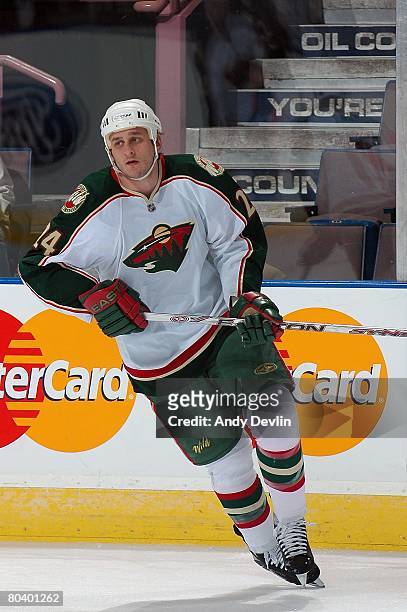 Derek Boogaard of the Minnesota Wild warms up before a game against the Edmonton Oilers at Rexall Place on March 24, 2008 in Edmonton, Alberta,...