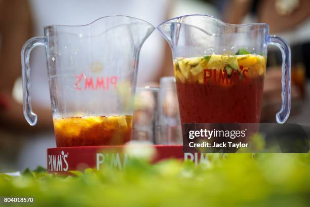 Two jugs of Pimm's sit on a tray at the Henley Regatta on June 30, 2017 in Henley-on-Thames, England. The five day Henley Royal Regatta is now in its...