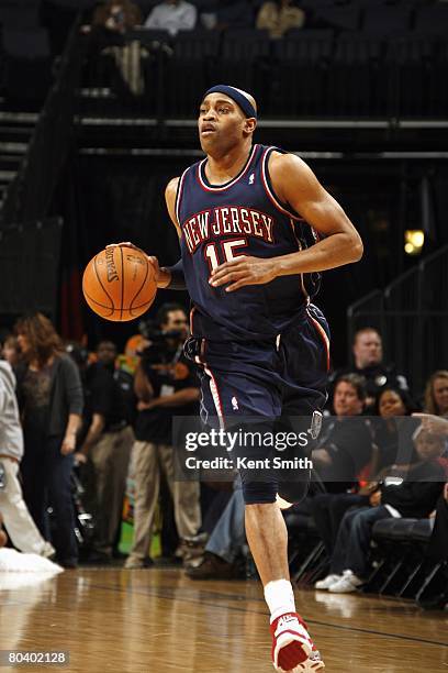 Vince Carter of the New Jersey Nets dribbles the ball against the Charlotte Bobcats on February 8, 2008 at the Charlotte Bobcats Arena in Charlotte,...