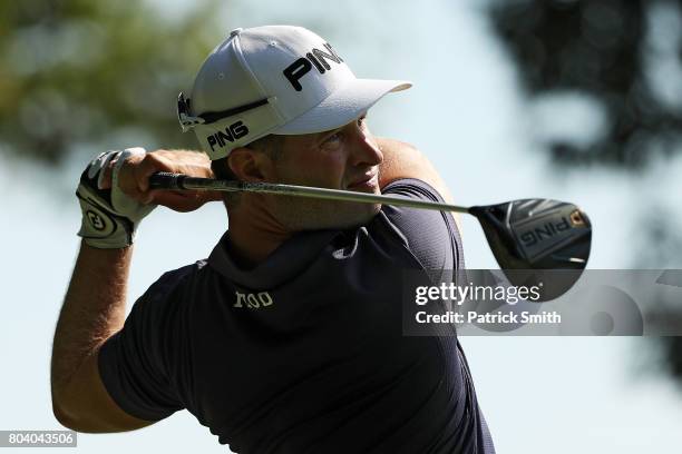 David Lingmerth of Sweden plays his shot from the eighth tee during the second round of the Quicken Loans National on June 30, 2017 TPC Potomac in...