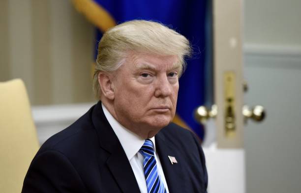 President Donald Trump looks on during a meeting with South Korean President Moon Jae-in in the Oval Office of the White House on June 30, 2017 in...