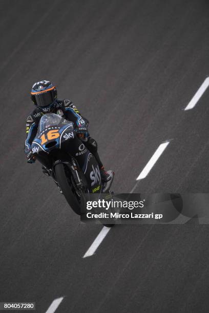 Andrea Migno of Italy and Sky Racing Team VR46 lifts the front wheel during the MotoGp of Germany - Free Practice at Sachsenring Circuit on June 30,...