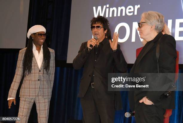 Nile Rodgers, Clem Burke and Chris Stein on stage at the Nordoff Robbins O2 Silver Clef Awards at The Grosvenor House Hotel on June 30, 2017 in...