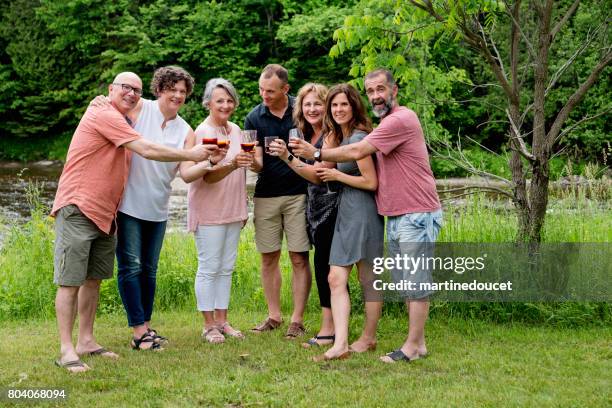 gruppe von reifen erwachsenen mit einem drink in der sommer-natur. - familientreffen stock-fotos und bilder