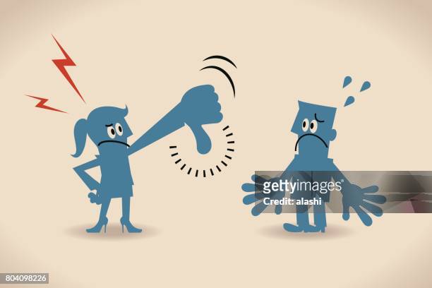 businesswoman (woman) showing thumbs down gesture to businessman (man) - angry woman stock illustrations