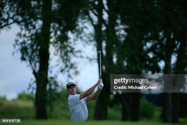 Bill Glasson hits a shot during the second round of the American Family Insurance Championship held at University Ridge Golf Course on June 24, 2017...