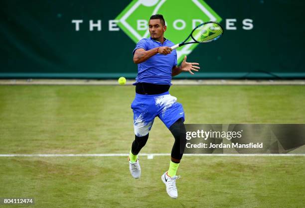 Nick Kyrgios of Australia plays a forehand during his match against Viktor Troicki of Serbia during day four of The Boodles Tennis Event at Stoke...