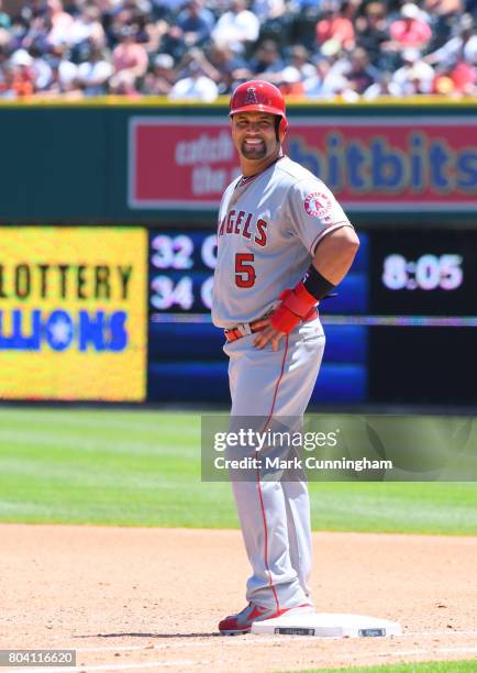 Albert Pujols of the Los Angeles Angels of Anaheim looks on during the game against the Detroit Tigers at Comerica Park on June 8, 2017 in Detroit,...