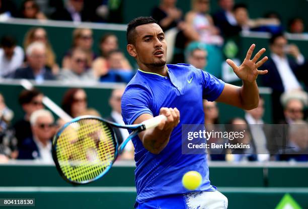 Nick Kyrgios of Australia plays a forehand during his match against Viktor Troicki of Serbia during day four of The Boodles Tennis Event at Stoke...