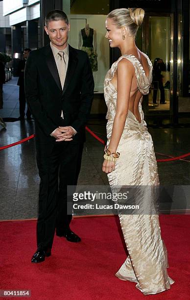 Michael Clarke and partner and model Lara Bingle arrives at the 2008 Allan Border Medal at Crown Casino on February 26, 2008 in Melbourne, Australia.