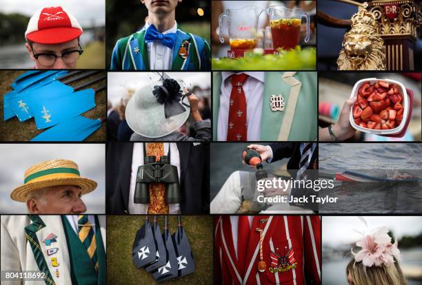 In this composite image we see Henley Regatta in detail on June 30, 2017 in Henley-on-Thames, England. The five day Henley Royal Regatta is now in...