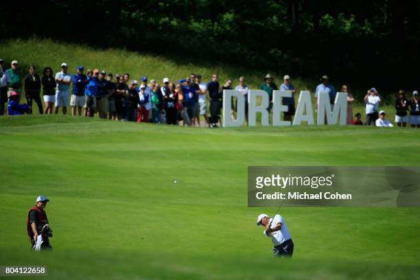 Fred Couples hits his second shot on the 18th hole during the second round of the American Family Insurance Championship held at University Ridge...