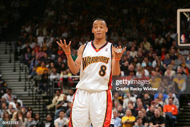 Monta Ellis of the Golden State Warriors gets the crowd going during the game against the Portland Trail Blazers at Oracle Arena March 27, 2008 in...