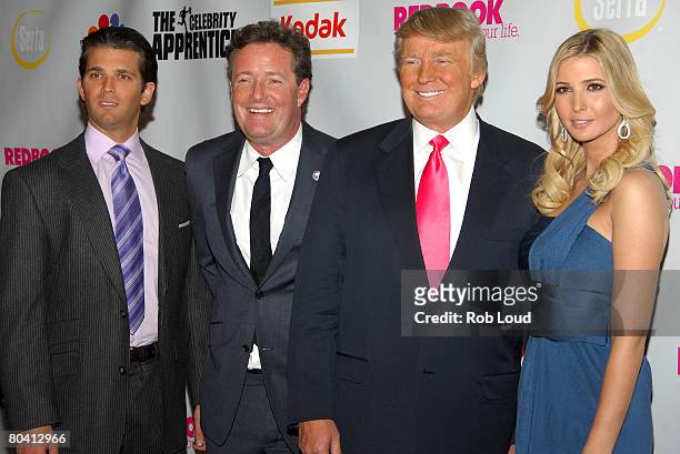 Don Trump Jr., Piers Morgan, Donald Trump, and Ivanka Trump pose at the "Celebrity Apprentice" finale at Rock Center Cafe on March 27, 2008 in New...