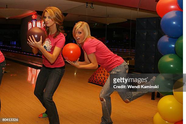 The Los Angeles Laker Girls show their bowling skills during the Hola Bowla event at the Pinz Bowling Center on March 27, 2008 in Studio City,...