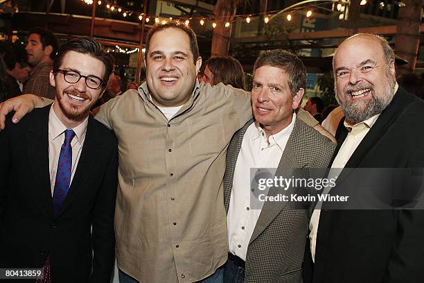 Actor Drake Bell, writer/producer/director Craig Mazin, producers David Zucker and Bob Weiss pose at the afterparty for the premiere of Dimension...