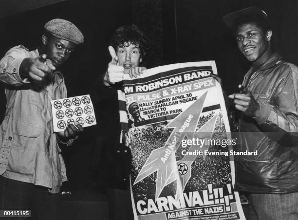 English singer-songwriter Tom Robinson and two members of Birmingham reggae band Steel Pulse promote an Anti-Nazi League rally in London on 30th...