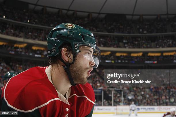 Brent Burns of the Minnesota Wild gets ready to enter the game against the Colorado Avalanche at Xcel Energy Center on March 17, 2008 in Saint Paul,...