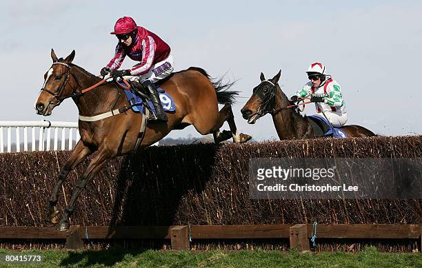 Jockey P J Brennan riding Island Flyer ljumps the final hurdle in the lead to win The Montpelier Re Novices Handicap Steeple Chase at Newbury...