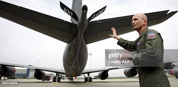 Boom operator of US Air Force Swsgt Larry Luis Lewis informs the press on the tarmac of Ferihegy Airport of Budapest capital on March 27, 2008....