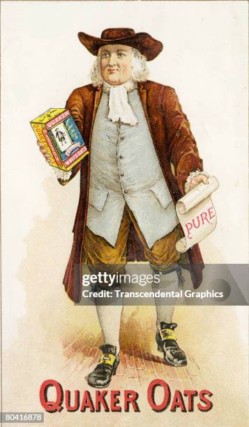 Trade card for Quaker Oats brand oatmeal cereal features an illustration of a man who carries in one hand a container of the cereal and in the other...