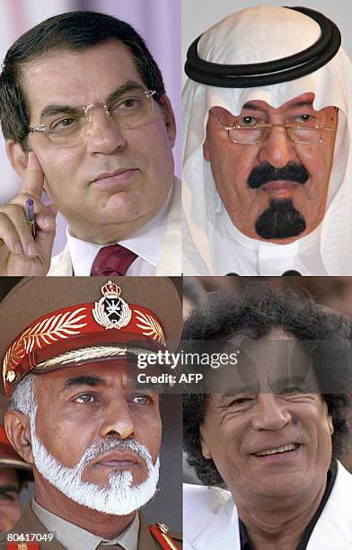 From L to R clockwise: File pictures show Tunisian President Zine El-Abidine Ben Ali in Tunis 28 July 2003, Saudi Arabia's King Abdullah at a...