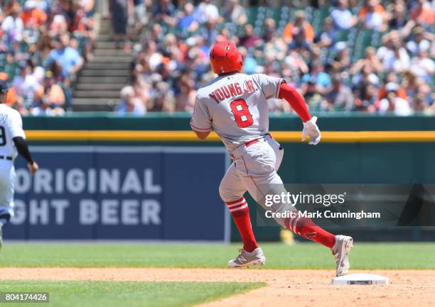 Eric Young Jr. #8 of the Los Angeles Angels of Anaheim runs the bases during the game against the Detroit Tigers at Comerica Park on June 8, 2017 in...