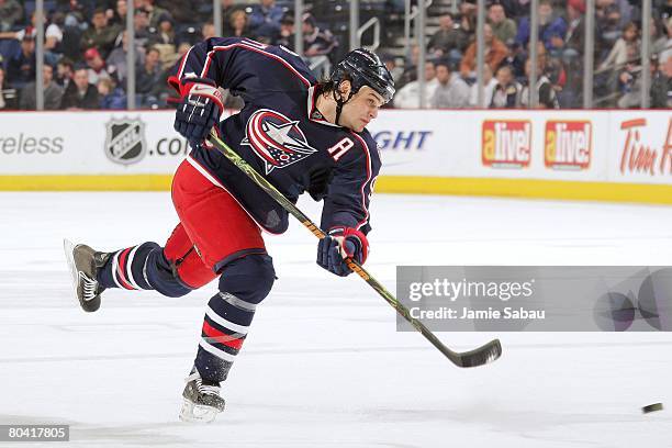 Rostislav Klesla of the Columbus Blue Jackets shoots the puck against the Chicago Blackhawks on March 26, 2008 at Nationwide Arena in Columbus, Ohio.