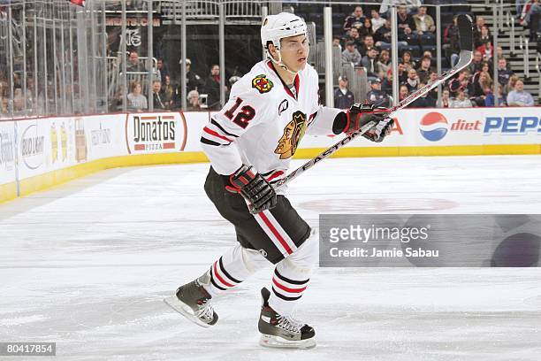 Rene Bourque of the Chicago Blackhawks skates against the Columbus Blue Jackets on March 26, 2008 at Nationwide Arena in Columbus, Ohio.