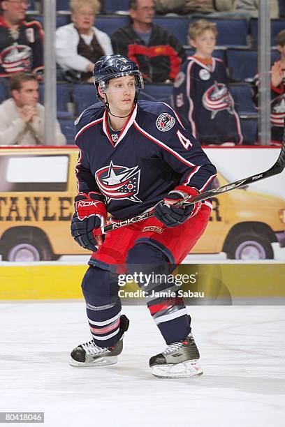 Clay Wilson of the Columbus Blue Jackets skates during pregame warmups before a game against the Chicago Blackhawks on March 26, 2008 at Nationwide...