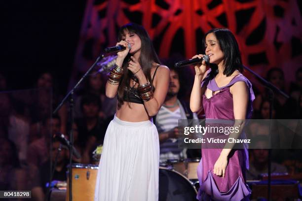 Singer La Mala Rodriguez and Julieta Venegas performs "MTV Unplugged" at Estudios Churubusco on March 6, 2008 in Mexico City, Mexico.