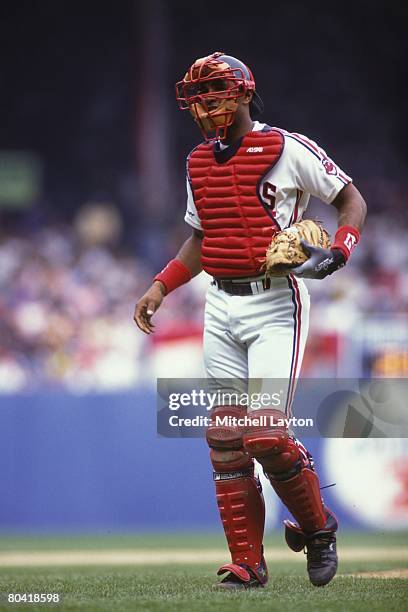 Sandy Alomar Jr. #15 of the Cleveland Indians during a baseball game against the Boston Red Sox on April 4, 1992 at Cleveland Stadium in Cleveland,...