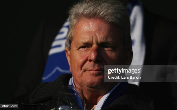 Dietmar Hopp looks on during the second Bundesliga match between 1899 Hoffenheim and FC Augsburg at the Dietmar-Hopp-Stadium on March 28, 2008 in...