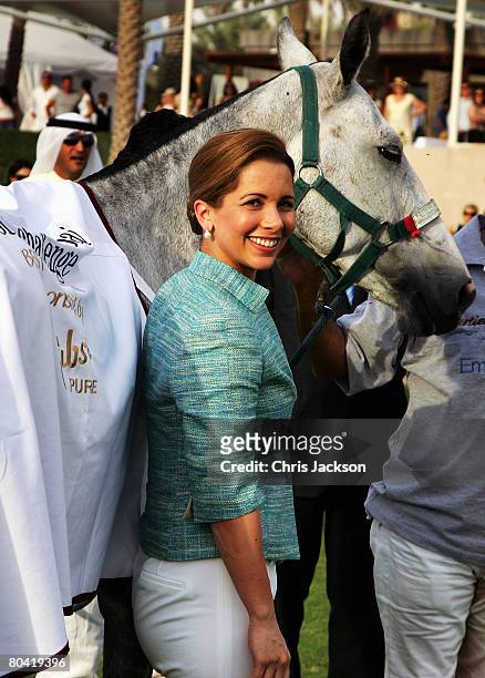 Princess Haya Bint Al Hussein smiles during the 3rd Cartier Dubai Polo Challenge at Desert Palm Polo Ground on March 28, 2008 in Dubai, United Arab...
