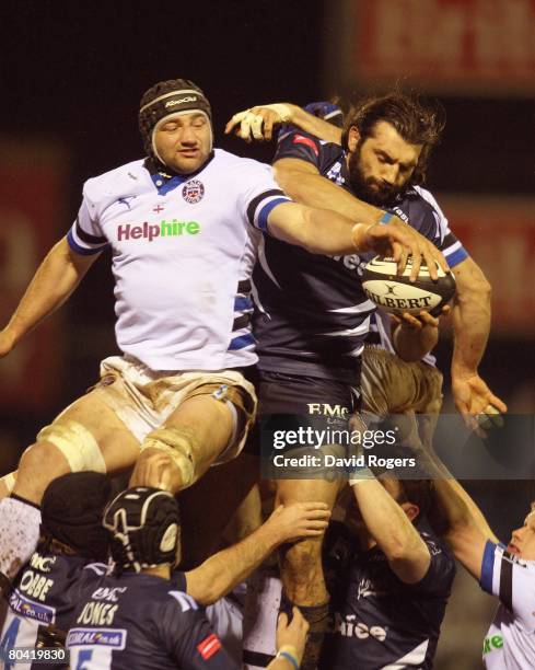Sebastien Chabal of Sale catches the ball in the lineout despite the challenge from Steve Borthwick during the Guinness Premiership match between...