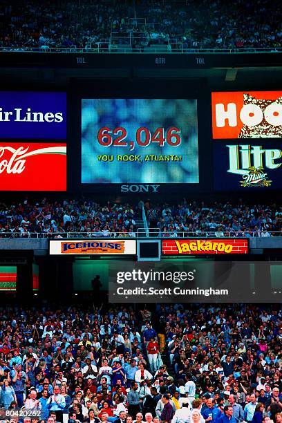 An overall view of the scoreboard during the game between the Chicago Bulls and the Atlanta Hawks at the Georgia Dome on March 27, 1998 in Atlanta,...