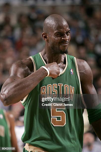 Kevin Garnett of the Boston Celtics reacts during the NBA game against the Dallas Mavericks on March 20, 2008 at American Airlines Center in Dallas,...