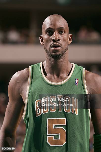 Kevin Garnett of the Boston Celtics looks on during the NBA game against the Dallas Mavericks on March 20, 2008 at American Airlines Center in...