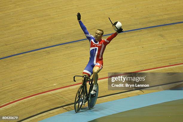 Chris Hoy of Great Britain celebrates victory in the Men's Sprint final during the UCI Track Cycling World Championships at the Manchester Velodrome...