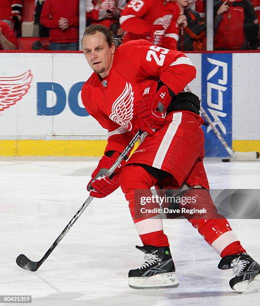 Darren McCarty of the Detroit Red Wings skates during warm-ups prior to the game against the St. Louis Blues on March 28, 2008 at Joe Louis Arena in...