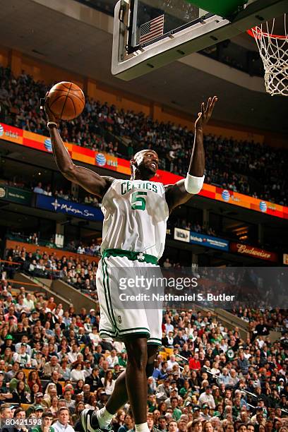 Kevin Garnett of the Boston Celtics hauls in a rebound during the game against the New Orleans Hornets at the TD Banknorth March 28, 2008 Garden in...