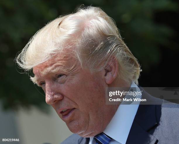 President Donald Trump participates in delivering a joint statement with South Korean President Moon Jae-in in the Rose Garden of the White House on...